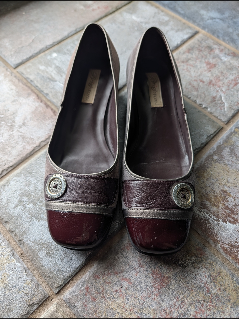 Brighton "Coco" Burgundy Patent Leather & Gray Suede Ballet Flats SZ 9.5